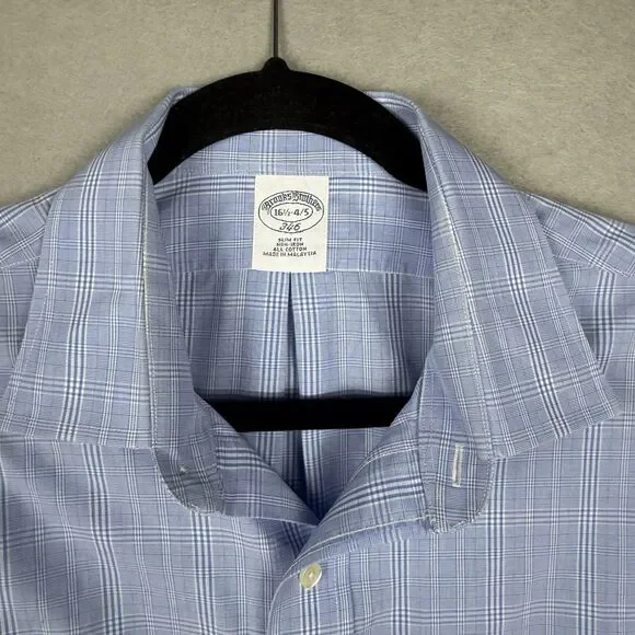 Brooks Brothers 346 Mens 16.5 4/5 Slim Non-Iron Blue Plaid Dress Shirt Long Slv - Picture 2 of 5